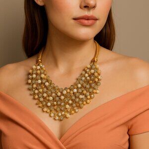 Signed Rush- Denis & Charles Biege Silk Cord Multi Strand Crystal Bead Necklace‎